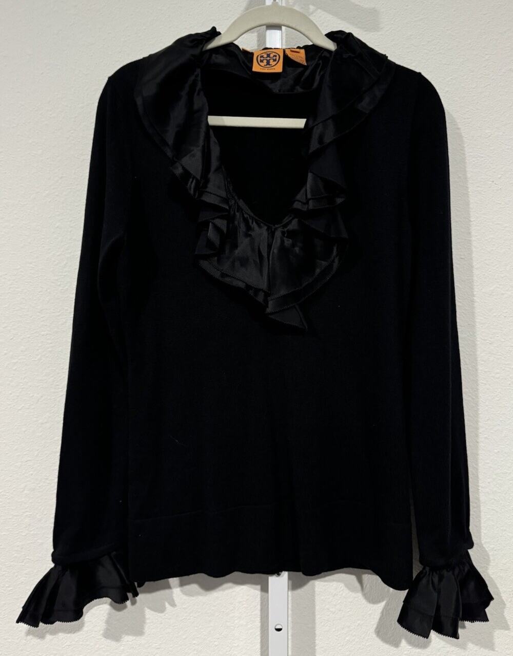 Tory Burch Black V-Neck Sweater with Removable Silk Collar and Cuffs Size L
